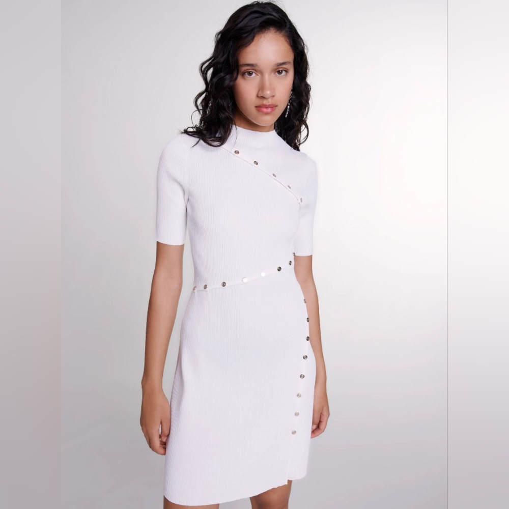 MajeShort Knit DressElegant White Dress with Silver Accents
